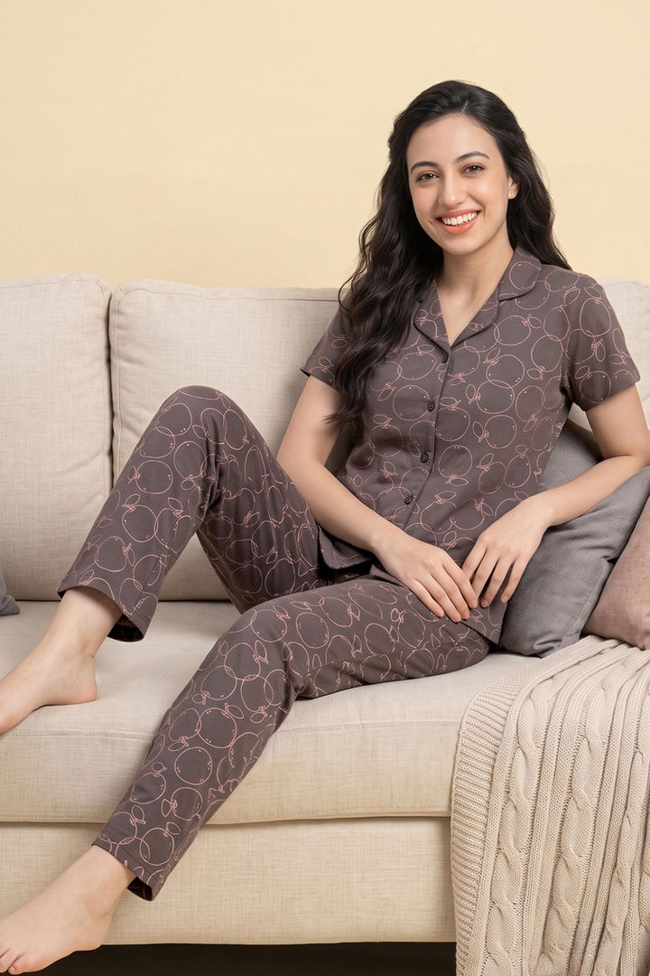 Zivame Apple Print Knit Cotton Pyjama Set - Dark Gull Gray — image 4